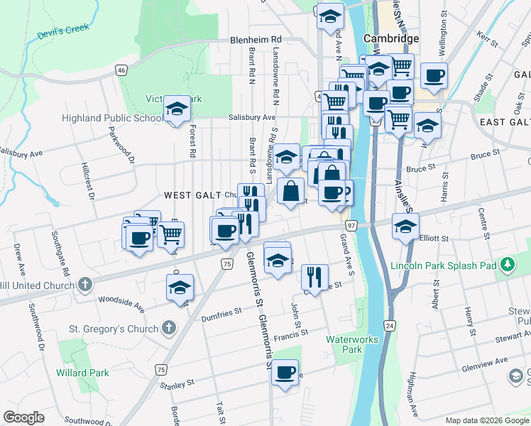 map of restaurants, bars, coffee shops, grocery stores, and more near 99 Saint Andrews Street in Cambridge