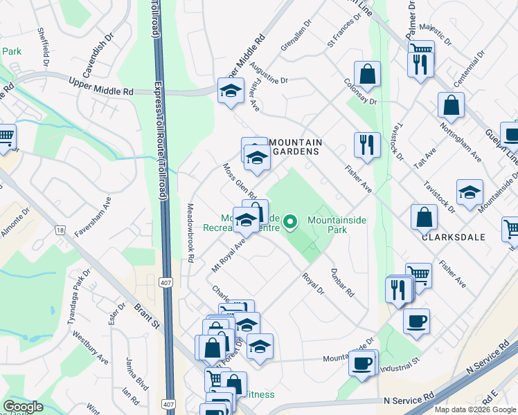 map of restaurants, bars, coffee shops, grocery stores, and more near 1416 Moss Glen Road in Burlington