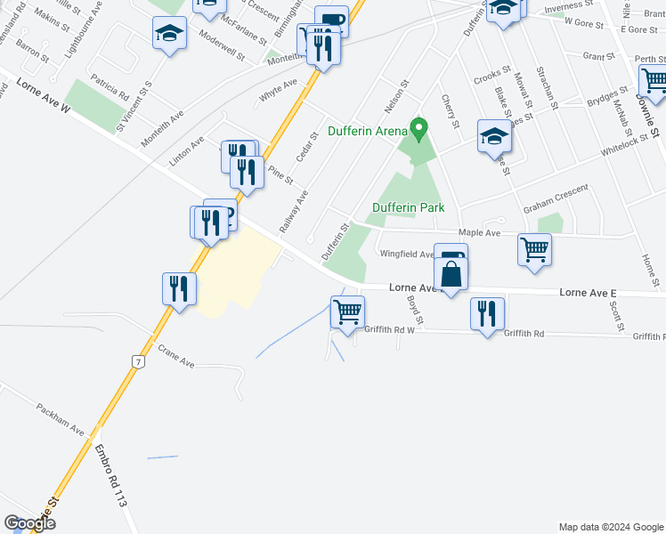 map of restaurants, bars, coffee shops, grocery stores, and more near 393 Dufferin Street in Stratford
