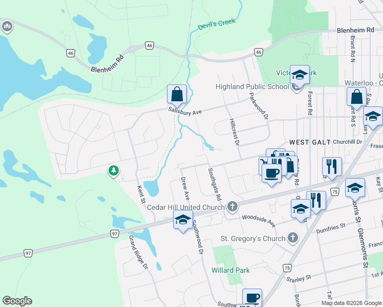 map of restaurants, bars, coffee shops, grocery stores, and more near 19 Kenley Lane in Cambridge