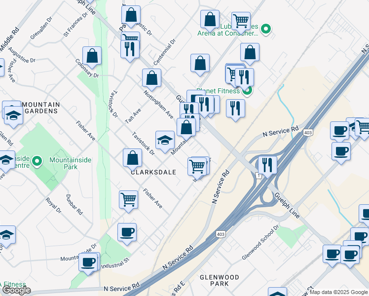 map of restaurants, bars, coffee shops, grocery stores, and more near 2458 Maryvale Court in Burlington