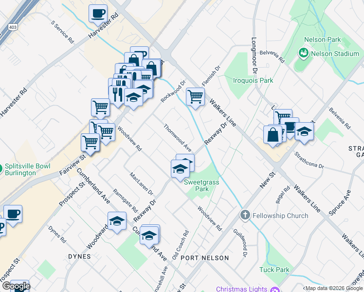 map of restaurants, bars, coffee shops, grocery stores, and more near 605 Thornwood Avenue in Burlington