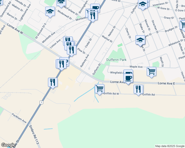 map of restaurants, bars, coffee shops, grocery stores, and more near 379 Dufferin Street in Stratford