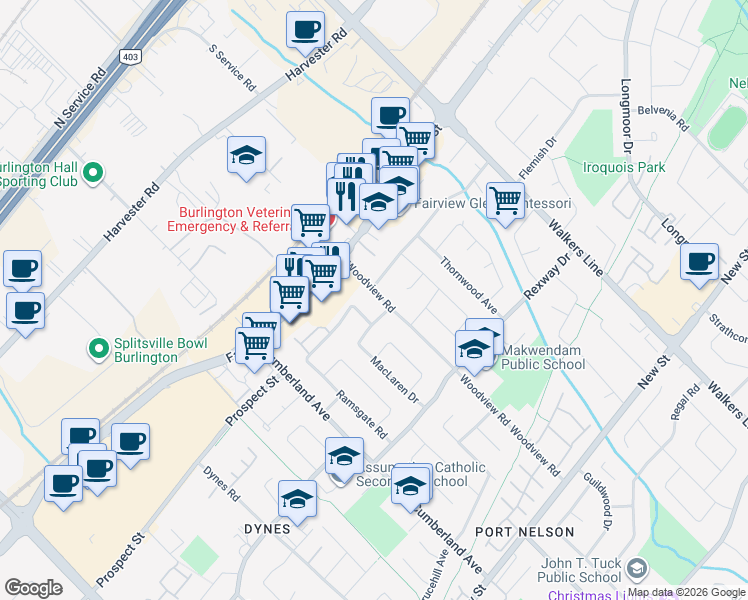 map of restaurants, bars, coffee shops, grocery stores, and more near 679 Woodview Road in Burlington