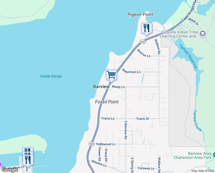 map of restaurants, bars, coffee shops, grocery stores, and more near 91511 Cape Arago Highway in Coos Bay