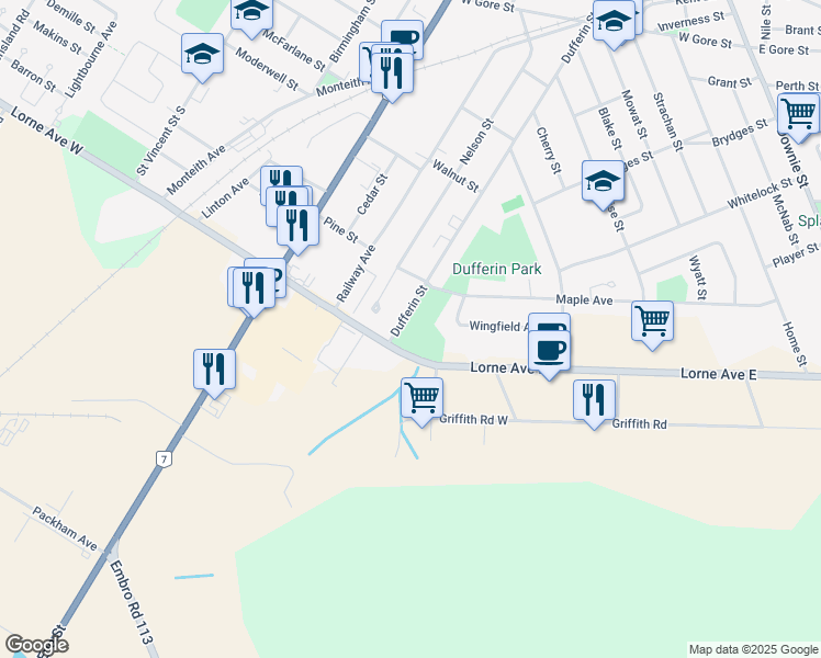 map of restaurants, bars, coffee shops, grocery stores, and more near 379 Dufferin Street in Stratford