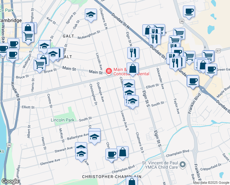 map of restaurants, bars, coffee shops, grocery stores, and more near 17 Lowrey Avenue South in Cambridge