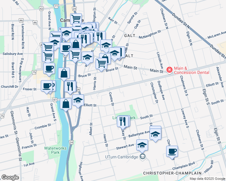 map of restaurants, bars, coffee shops, grocery stores, and more near 83 Concession Street in Cambridge