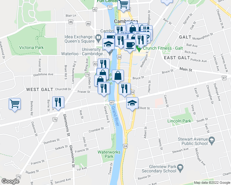 map of restaurants, bars, coffee shops, grocery stores, and more near 94 Water Street South in Cambridge