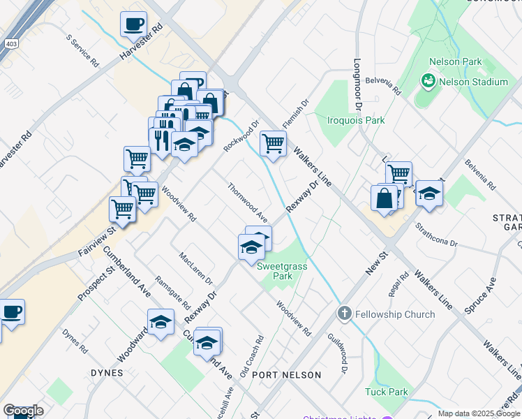 map of restaurants, bars, coffee shops, grocery stores, and more near 605 Thornwood Avenue in Burlington