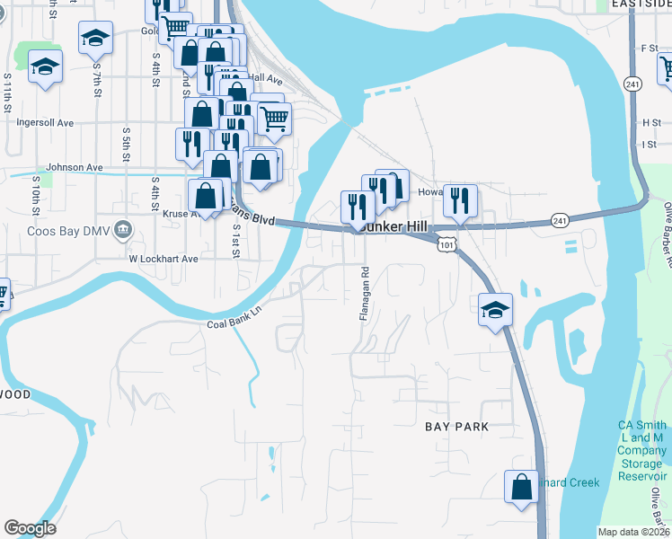 map of restaurants, bars, coffee shops, grocery stores, and more near 63696 Harriet Road in Coos Bay