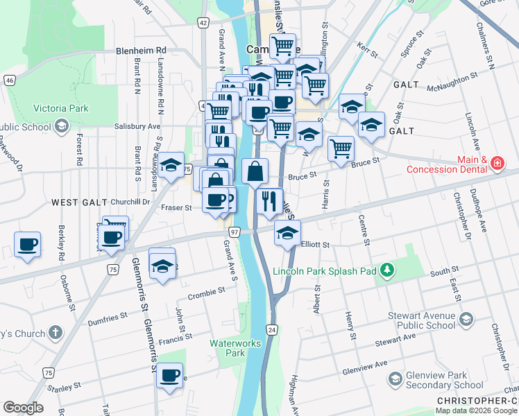 map of restaurants, bars, coffee shops, grocery stores, and more near 94 Water Street South in Cambridge