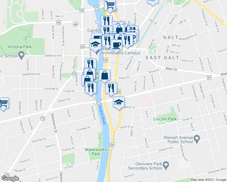 map of restaurants, bars, coffee shops, grocery stores, and more near 16 Veterans Way in Cambridge