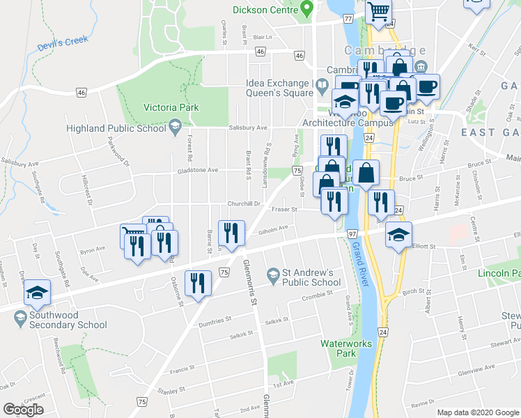 map of restaurants, bars, coffee shops, grocery stores, and more near 2 Churchill Drive in Cambridge