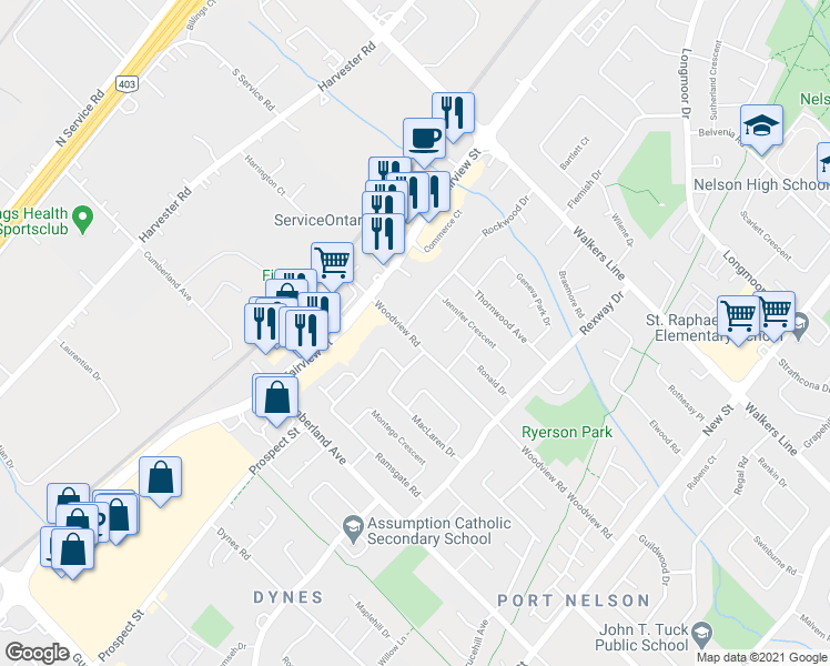 map of restaurants, bars, coffee shops, grocery stores, and more near 679 Woodview Road in Burlington