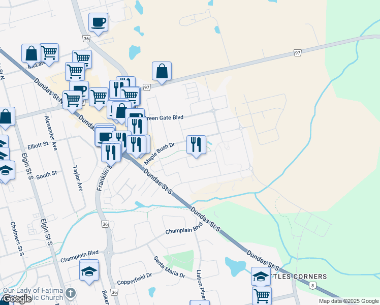 map of restaurants, bars, coffee shops, grocery stores, and more near 71 Broadoaks Drive in Cambridge