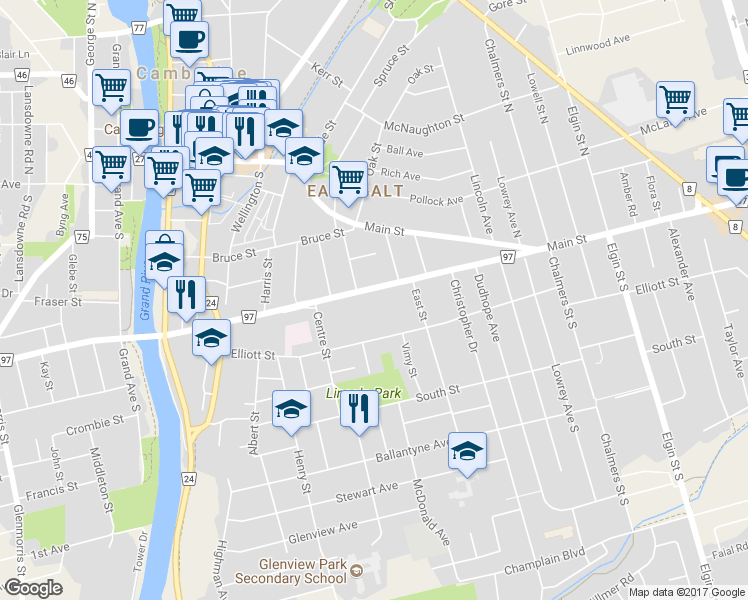 map of restaurants, bars, coffee shops, grocery stores, and more near 101 Concession Street in Cambridge