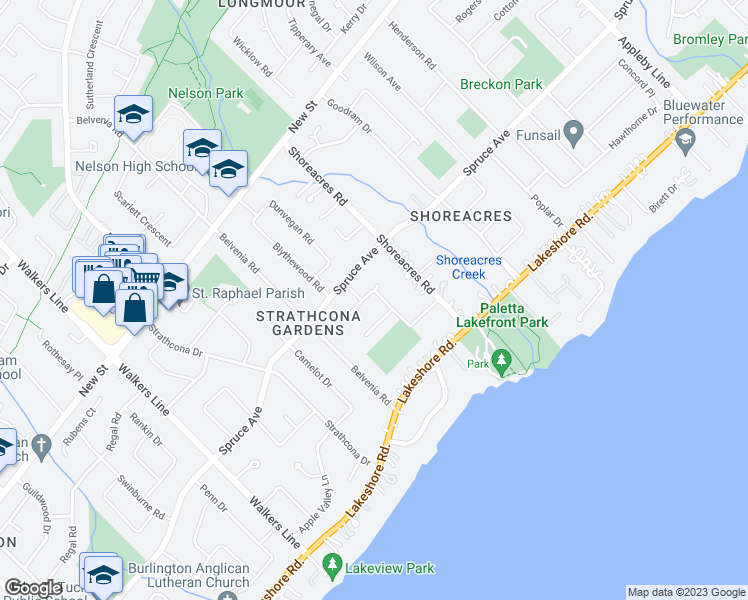 map of restaurants, bars, coffee shops, grocery stores, and more near 284 Glen Afton Drive in Burlington