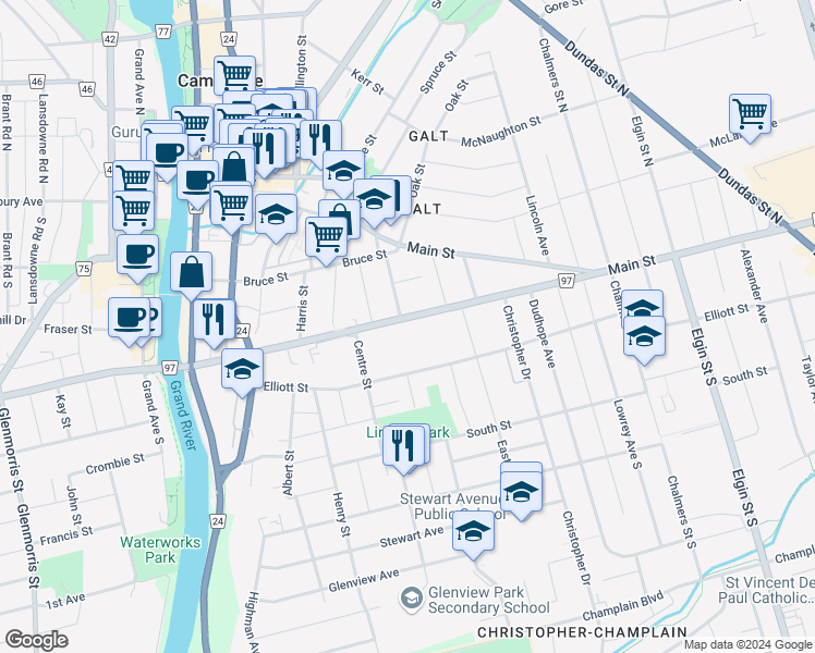 map of restaurants, bars, coffee shops, grocery stores, and more near 101 Concession Street in Cambridge