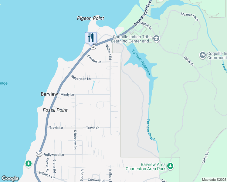 map of restaurants, bars, coffee shops, grocery stores, and more near 63817 Wallace Road in Coos Bay