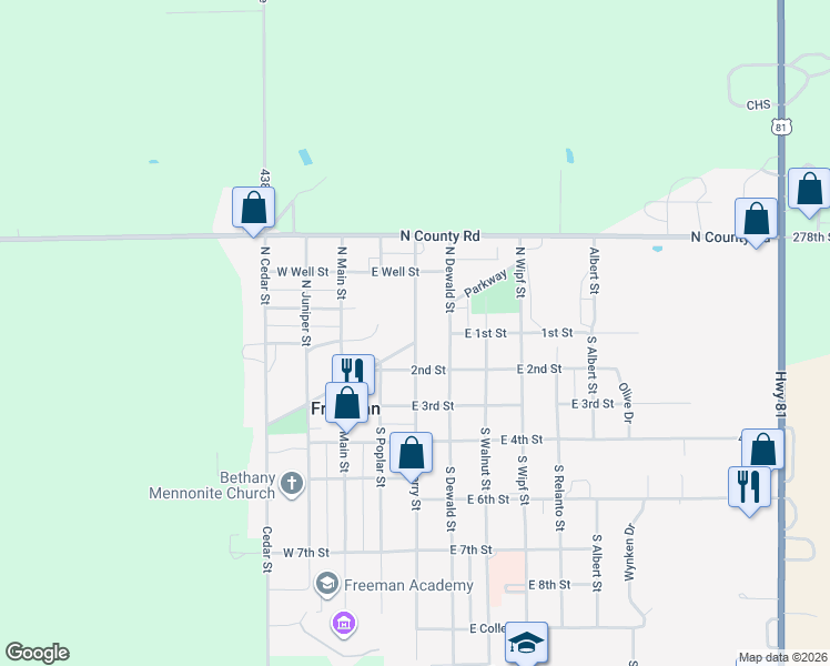 map of restaurants, bars, coffee shops, grocery stores, and more near 100 South Cherry Street in Freeman