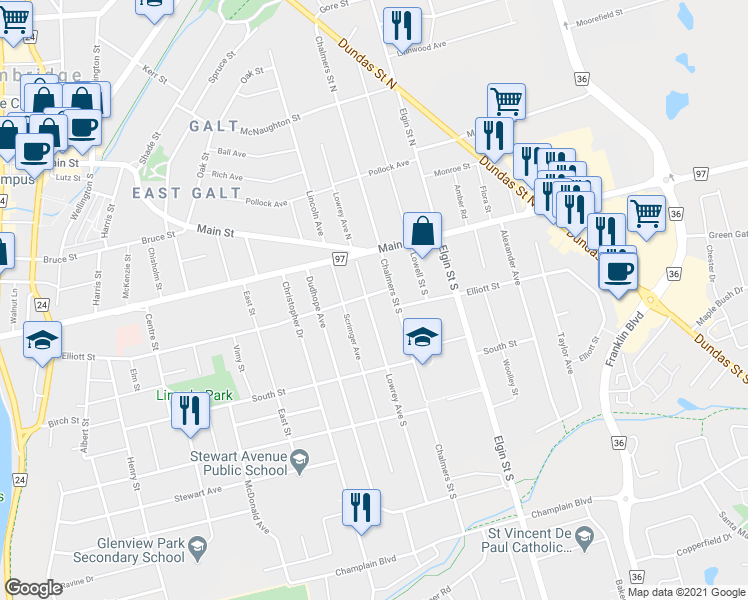 map of restaurants, bars, coffee shops, grocery stores, and more near 17 Lowrey Avenue South in Cambridge
