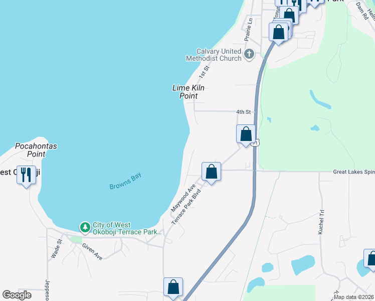 map of restaurants, bars, coffee shops, grocery stores, and more near 2023-2199 Browns Bay Ave in West Okoboji