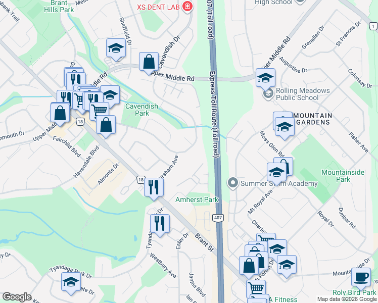 map of restaurants, bars, coffee shops, grocery stores, and more near 2092 Cavendish Drive in Burlington