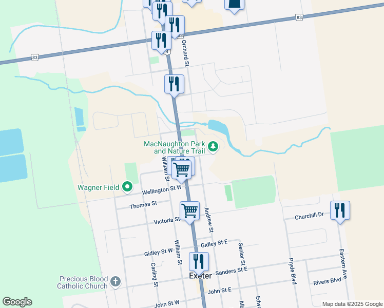 map of restaurants, bars, coffee shops, grocery stores, and more near 50 Ontario 4 in Exeter