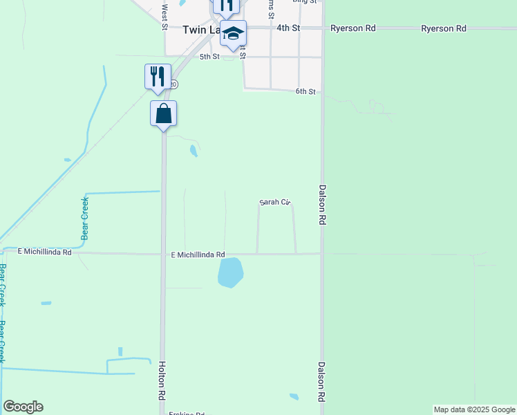 map of restaurants, bars, coffee shops, grocery stores, and more near 5598 West Samantha Lane in Twin Lake