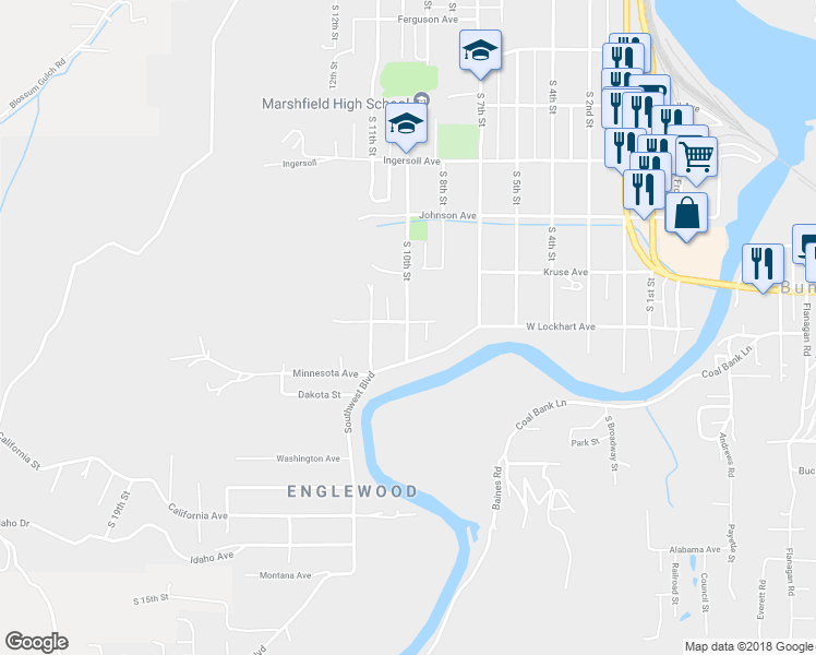 map of restaurants, bars, coffee shops, grocery stores, and more near 1212 South 10th Street in Coos Bay