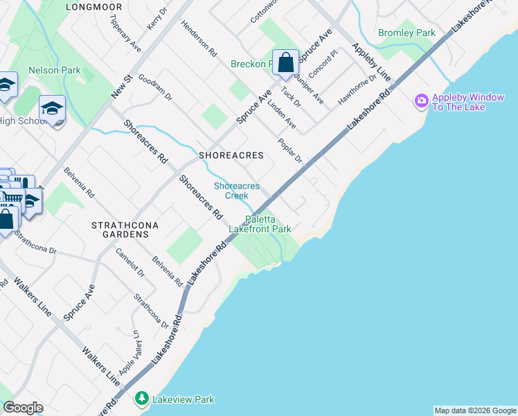 map of restaurants, bars, coffee shops, grocery stores, and more near 4299 Lakeshore Road in Burlington