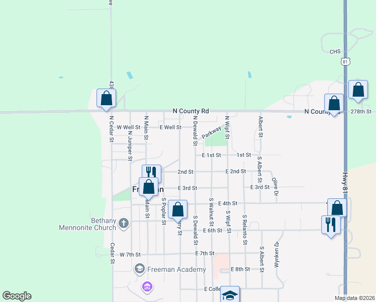 map of restaurants, bars, coffee shops, grocery stores, and more near 100-112 South Cherry Street in Freeman