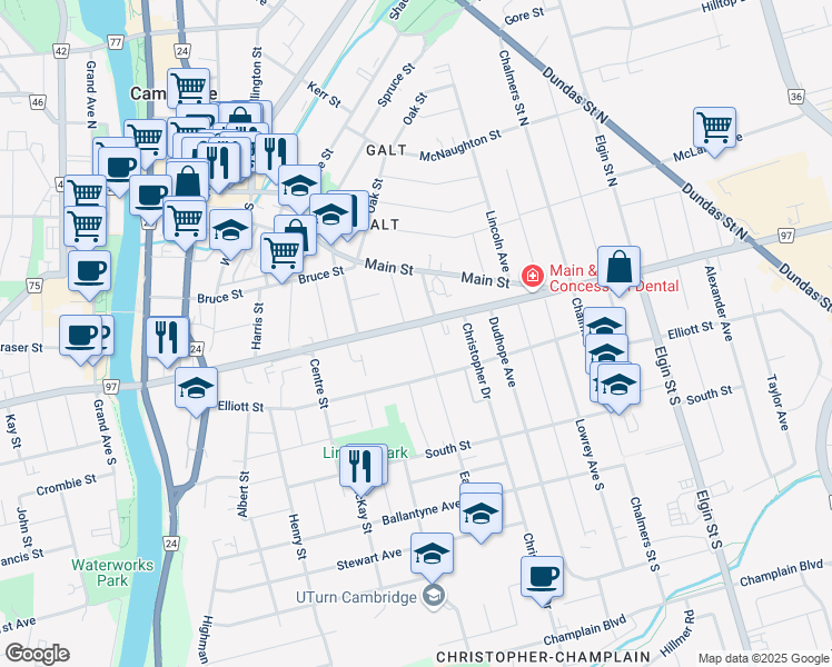 map of restaurants, bars, coffee shops, grocery stores, and more near 12 East Street in Cambridge