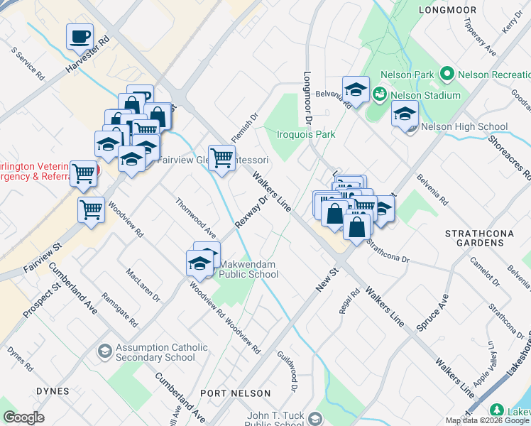 map of restaurants, bars, coffee shops, grocery stores, and more near 563 Elwood Road in Burlington