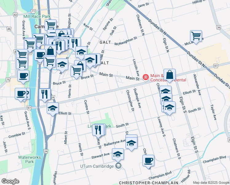 map of restaurants, bars, coffee shops, grocery stores, and more near 12 East Street in Cambridge