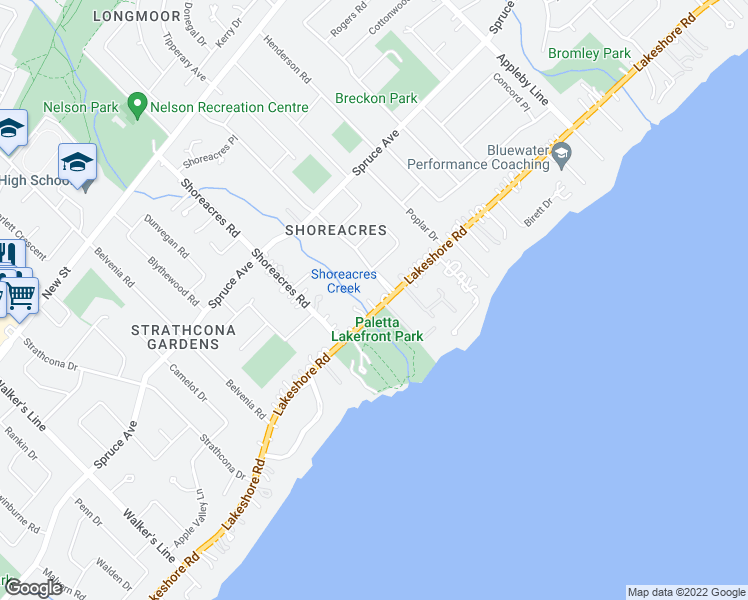 map of restaurants, bars, coffee shops, grocery stores, and more near 4299 Lakeshore Road in Burlington