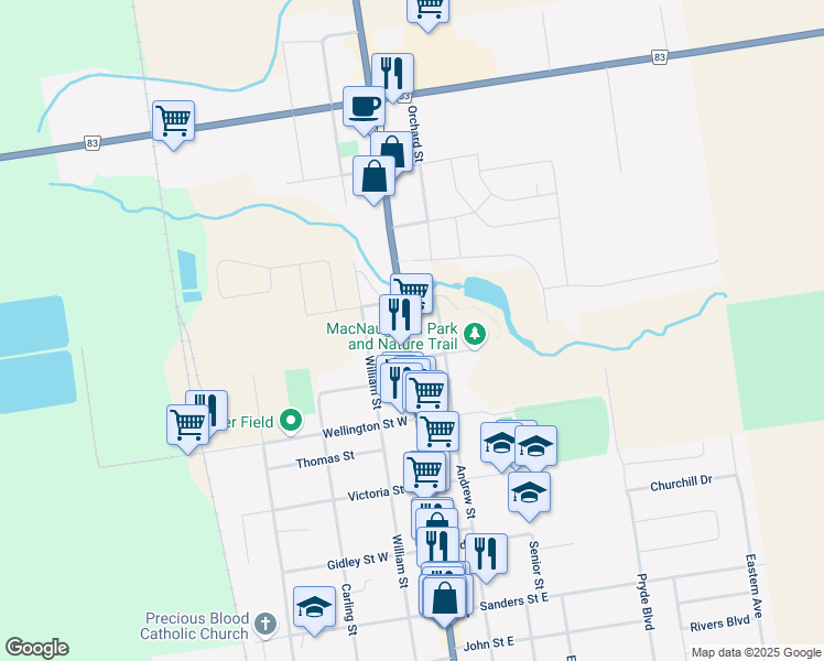 map of restaurants, bars, coffee shops, grocery stores, and more near 50 Ontario 4 in Exeter