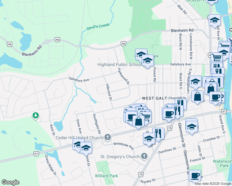 map of restaurants, bars, coffee shops, grocery stores, and more near 17 Highland Crescent in Cambridge