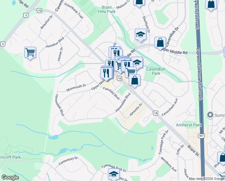map of restaurants, bars, coffee shops, grocery stores, and more near 2185 Fairchild Boulevard in Burlington