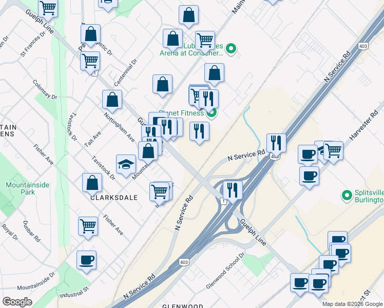 map of restaurants, bars, coffee shops, grocery stores, and more near 3050 Davidson Court in Burlington