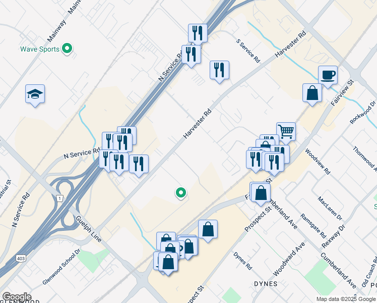 map of restaurants, bars, coffee shops, grocery stores, and more near 3250 Harvester Road in Burlington