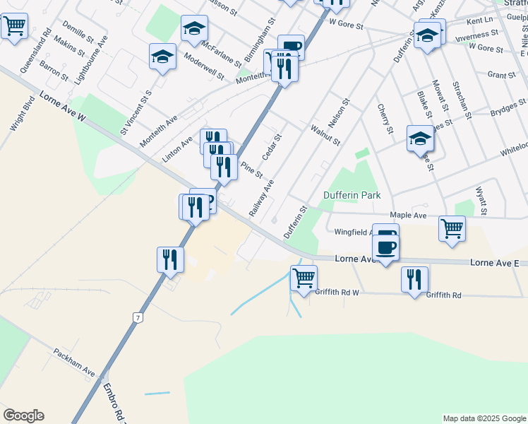 map of restaurants, bars, coffee shops, grocery stores, and more near 349 Railway Avenue in Stratford