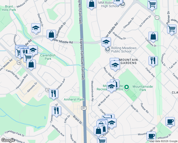 map of restaurants, bars, coffee shops, grocery stores, and more near 1526 Westminster Place in Burlington