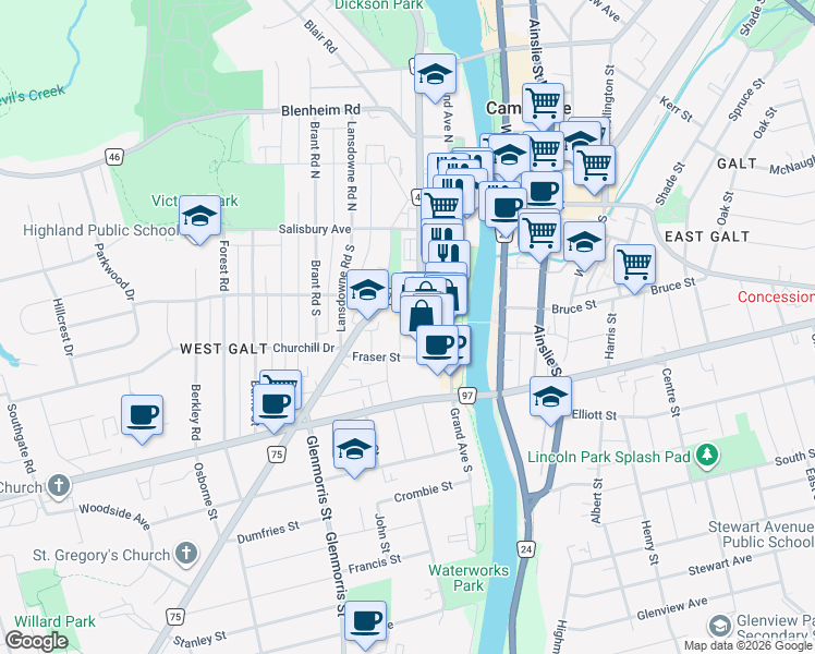 map of restaurants, bars, coffee shops, grocery stores, and more near 15 Glebe Street in Cambridge