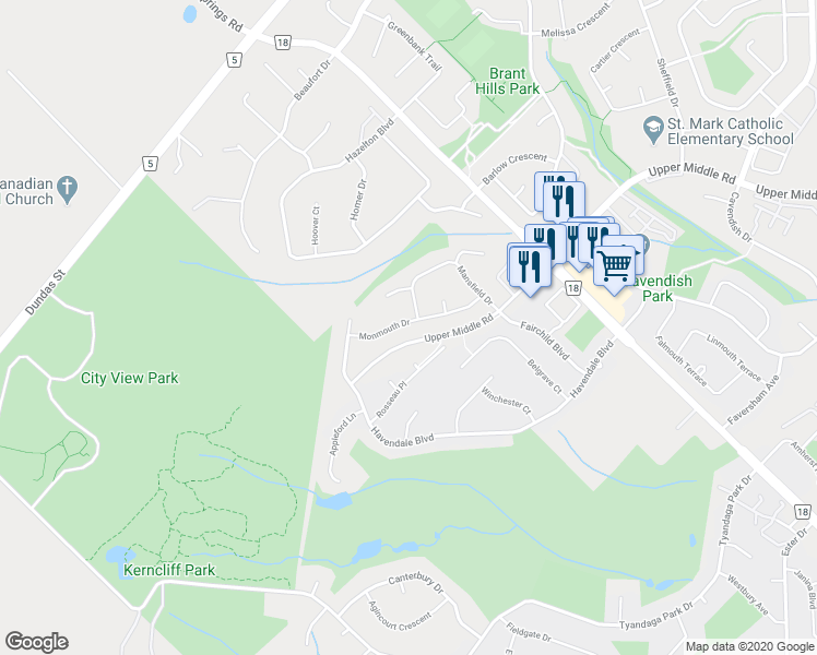 map of restaurants, bars, coffee shops, grocery stores, and more near 1320 Monmouth Drive in Burlington