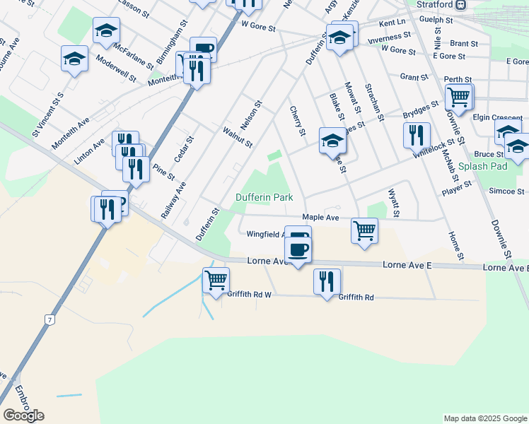 map of restaurants, bars, coffee shops, grocery stores, and more near 368 Maple Avenue in Stratford