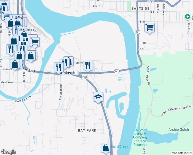 map of restaurants, bars, coffee shops, grocery stores, and more near 93785 Newport Lane in Coos Bay