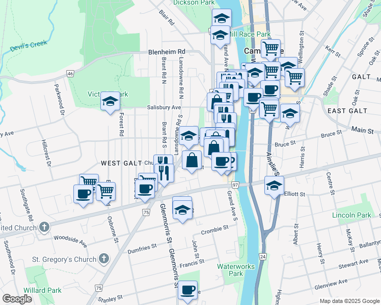 map of restaurants, bars, coffee shops, grocery stores, and more near Lansdowne Road South in Cambridge