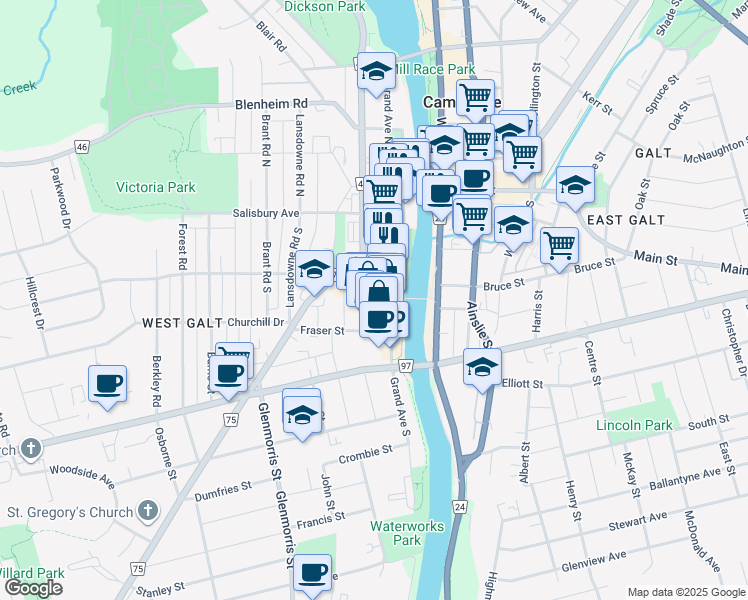 map of restaurants, bars, coffee shops, grocery stores, and more near 50 Grand Avenue South in Cambridge